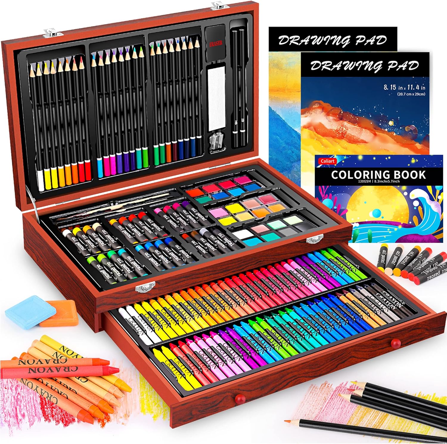 Caliart 153-Pack Deluxe Wooden Art Supplies, 34 Double Tip Brush Pens Art Markers, Pencils Drawing Set kit Mothers Day Gift for Mom Artists Adults Teens Kids