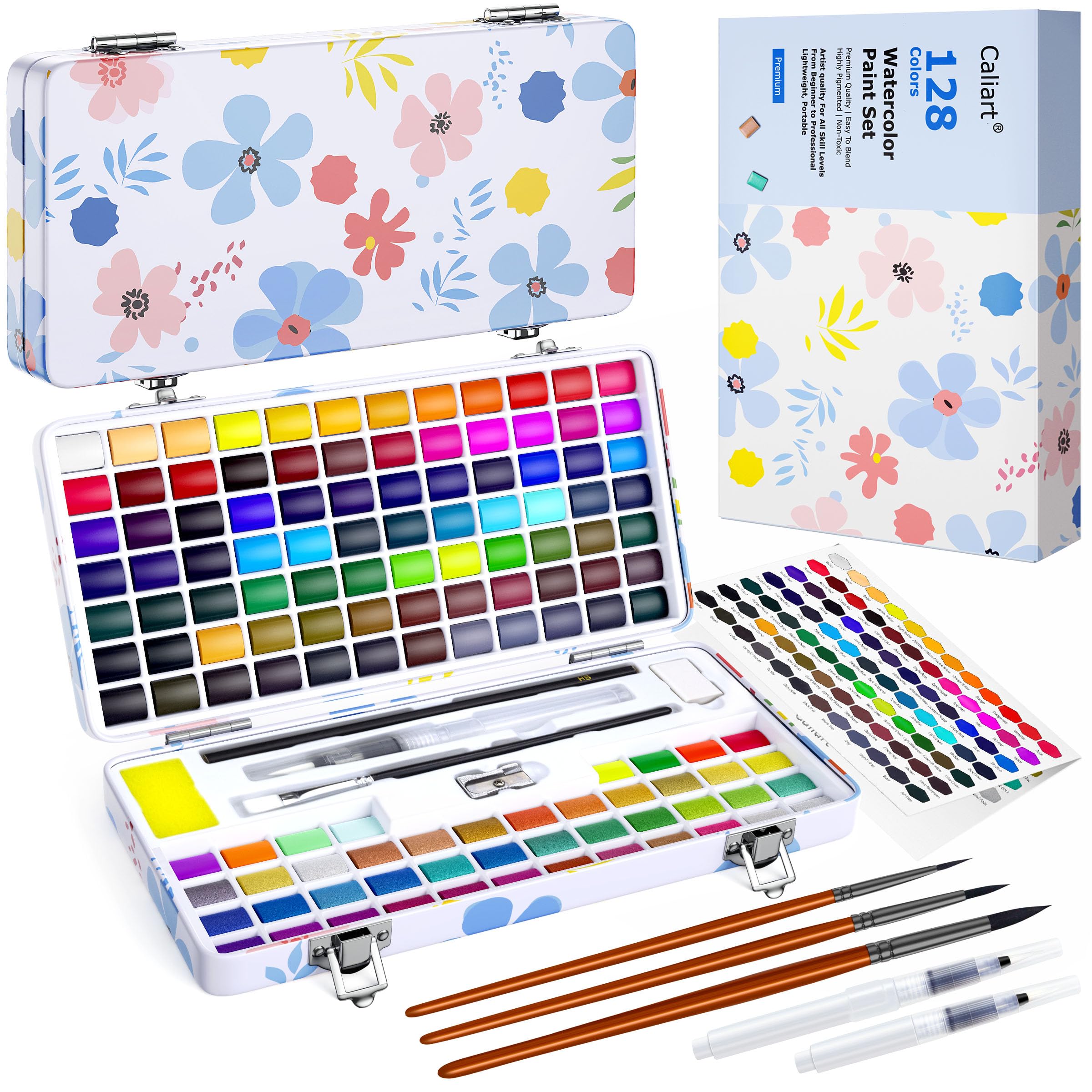 Caliart Watercolor Paint Set, 50 Colors Portable Water Color Palette Kit with Detail Paint Brush, Art Supplies Gifts for Adult Professional Artist Painting Coloring