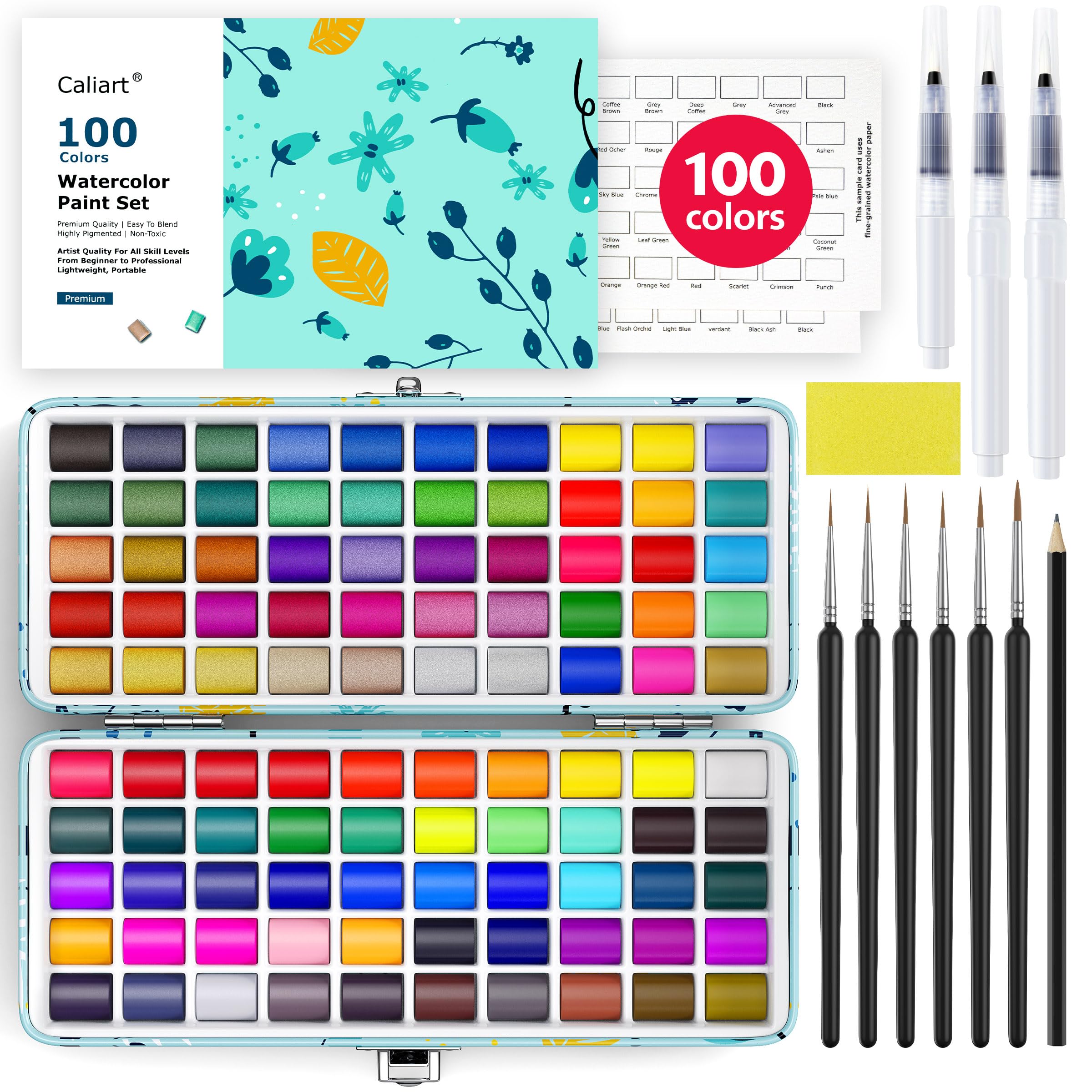 Caliart Watercolor Paint Set, 168 Colors Portable Water Color Palette Kit with Detail Paint Brush, Art Supplies Watercolor Painting Kit Drawing Gifts for Adults Beginners Professional Artists