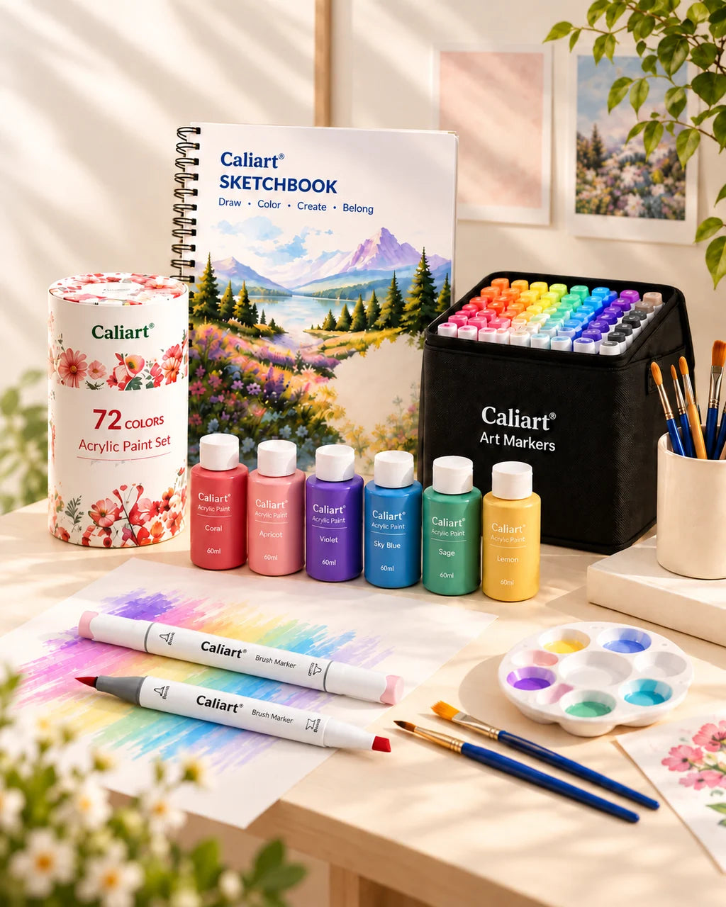 Caliart art supplies arranged on a sunlit creative workspace